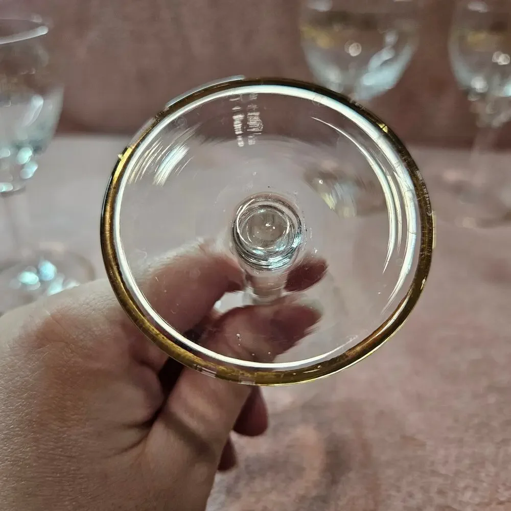 4 Vintage Bohemian Etched Crystal Cordial Glasses with Gold Trim & Floral Detail